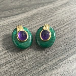 Rare Vintage Kai Yin Lo Amethyst and Malachite Gold Plated Earrings (KYLO)